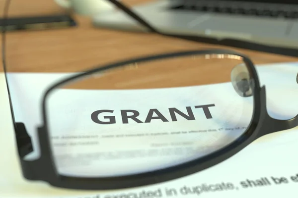 Grant document behind glasses on a desk, 3D rendering — Stock Photo, Image