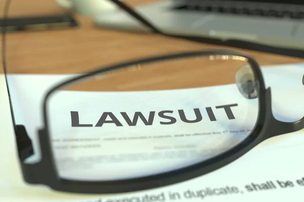 Kopie van een rechtszaak achter een bril op een bureau, 3D rendering — Stockfoto