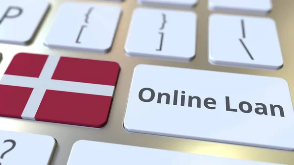 Текст онлайн займа и флаг Дании на клавиатуре. Современный концептуальный 3D рендеринг — стоковое фото