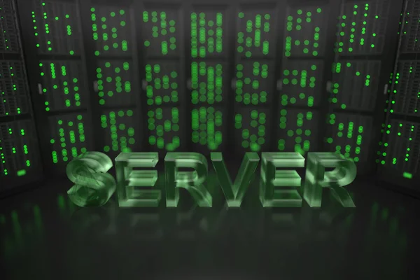 Text SERVER na pozadí serverové místnosti. Konceptuální 3D vykreslování — Stock fotografie