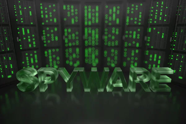 Texto de Spyware en el fondo de la sala de servidores. Renderizado 3D conceptual — Foto de Stock