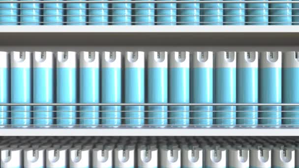 Latas de spray azul en un estante de la tienda, looping animación 3D — Vídeo de stock