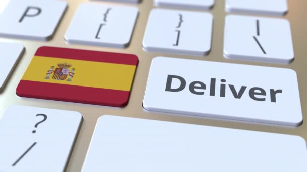 Lever tekst en vlag van Spanje af op het toetsenbord. Logistiek gerelateerde 3D animatie — Stockvideo