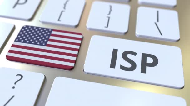 ISP或互联网服务提供商的文字和标志在计算机键盘上的美国.与3D动画有关的国家网络接入服务 — 图库视频影像