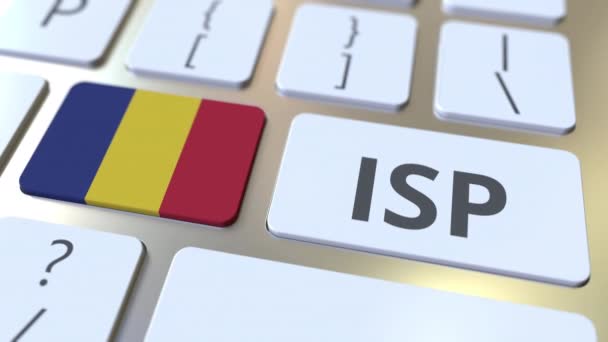 ISP eller Internet Service Provider text och Rumäniens flagga på datorns tangentbord. Nationell webbåtkomstrelaterad 3D-animering — Stockvideo