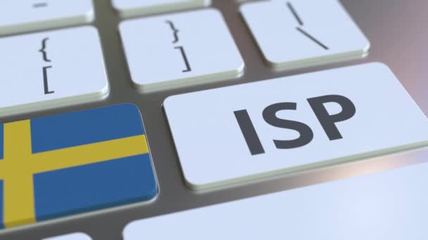 ISP или Internet Service Provider текст и флаг Швеции на клавиатуре компьютера. Национальная анимация, связанная с веб-доступом — стоковое видео