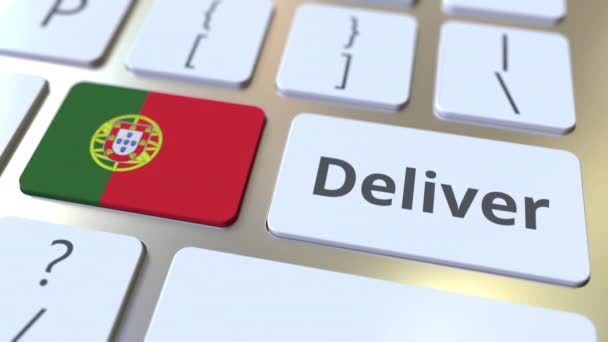 Szállít szöveg és zászló Portugália a számítógép billentyűzetén. Logisztikával kapcsolatos 3D animáció — Stock videók