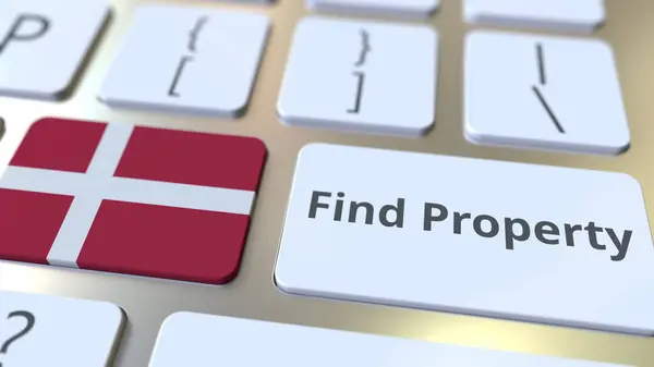 Trouver le texte de propriété et le drapeau du Danemark sur le clavier. Service immobilier en ligne rendu 3D conceptuel lié — Photo