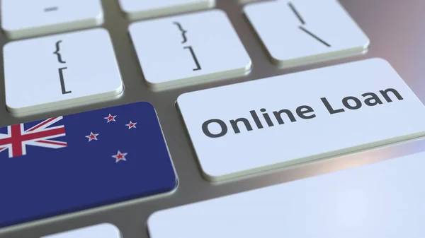 Online Låna text och flagga Nya Zeeland på tangentbordet. Modern kreditrelaterad konceptuell 3D-rendering — Stockfoto