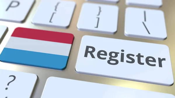 Registar texto e bandeira do Luxemburgo no teclado. Serviços online relacionados com renderização 3D — Fotografia de Stock