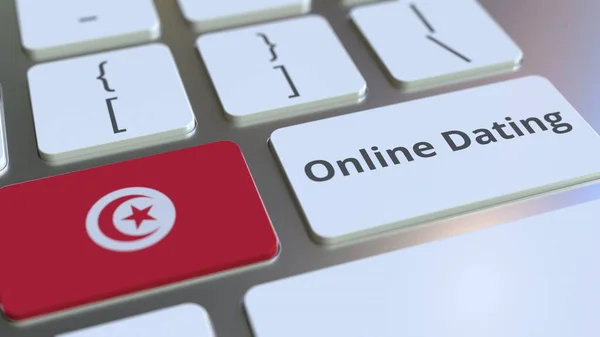Текст онлайн-датування та прапор Тунісу на клавішних. Концептуальний 3D-рендеринг — стокове фото