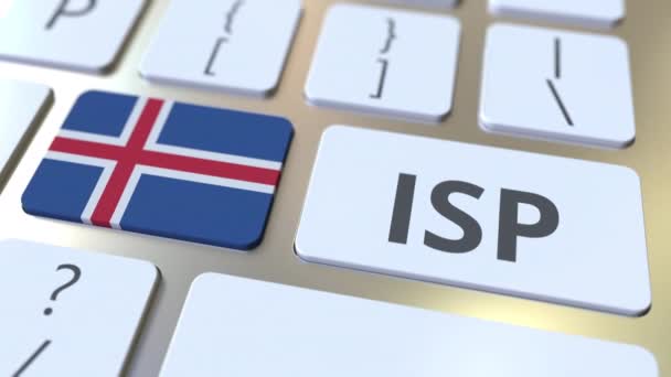 ISP lub Internet Service Provider tekst i flaga Islandii na klawiaturze komputera. Animacja 3D związana z krajowymi usługami dostępu do sieci — Wideo stockowe