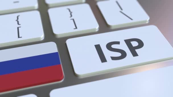 ISP ou Internet Service Provider texto e bandeira da Rússia no teclado do computador. Animação 3D relacionada ao serviço nacional de acesso à web — Vídeo de Stock