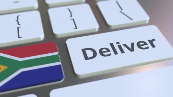 Deliver text and flag of South Africa on the computer keyboard. Logistics related 3D animation — Stock Video