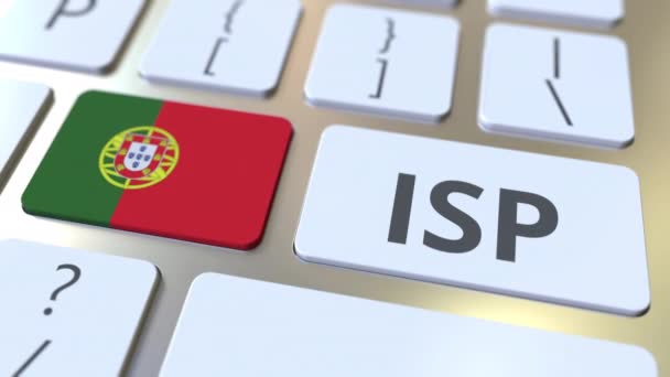 ISP or Internet Service Provider text and flag of Portugal on the computer keyboard. National web access service related 3D animation — Stock Video