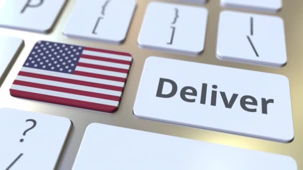 Deliver text and flag of the USA on the computer keyboard. Logistics related 3D animation — Stock Video