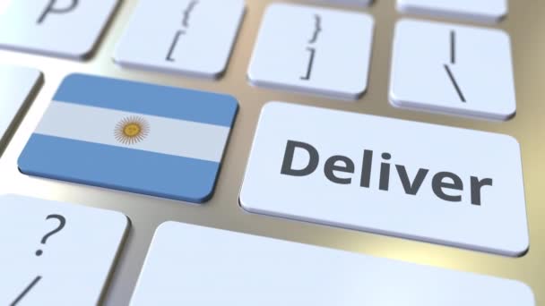 Entregar texto e bandeira da Argentina no teclado do computador. Animação 3D relacionada à logística — Vídeo de Stock