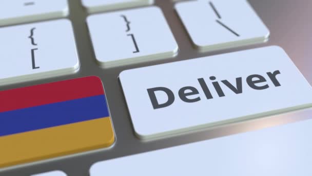 Liefern Sie Text und Flagge Armeniens auf der Computertastatur. Logistikbezogene 3D-Animation — Stockvideo