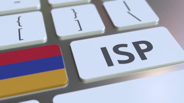 ISP ou Internet Service Provider texto e bandeira da Armênia no teclado do computador. Animação 3D relacionada ao serviço nacional de acesso à web — Vídeo de Stock