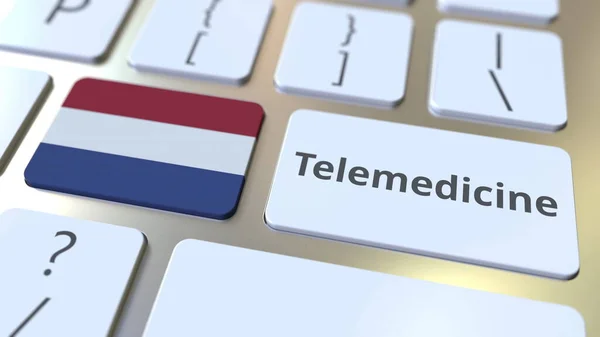 Text telemedicíny a vlajka Nizozemska na počítačové klávesnici. Vzdálené lékařské služby související konceptuální 3D vykreslování — Stock fotografie