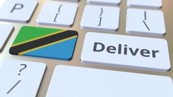 Leverera text och flagga Tanzania på datorns tangentbord. Logistikrelaterad 3D-animering — Stockvideo