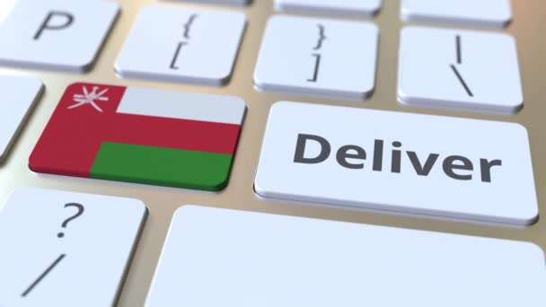 Lever tekst en vlag van Oman op het toetsenbord van de computer. Logistiek gerelateerde 3D animatie — Stockvideo