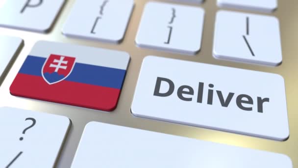 Deliver text and flag of Slovakia on the computer keyboard. Logistics related 3D animation — Stock Video