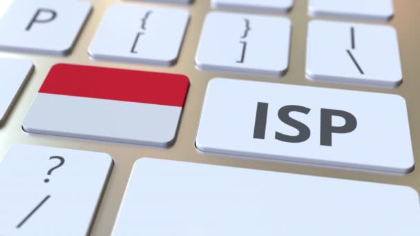 ISP ou fournisseur d'accès Internet texte et drapeau de l'Indonésie sur le clavier de l'ordinateur. Animation 3D liée au service national d'accès Web — Video