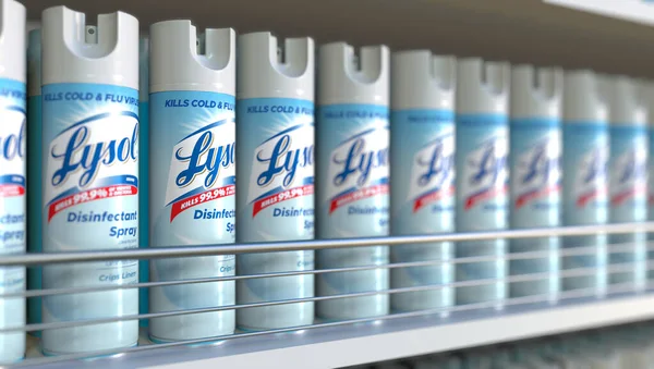 Lattine spray disinfettanti al lisolo su uno scaffale di un negozio, rendering editoriale 3D. COVID-19 malattia coronavirica misure preventive — Foto Stock