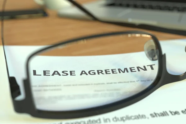 Copia de un contrato de arrendamiento detrás de las gafas en un escritorio, representación 3D —  Fotos de Stock