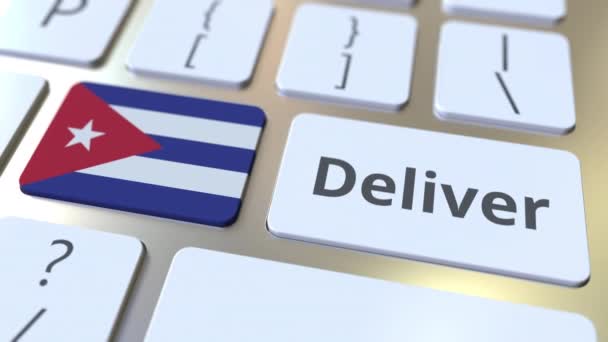 Bilgisayar klavyesine Küba bayrağı ve mesajı gönder. Lojistik bağlantılı 3D canlandırma — Stok video