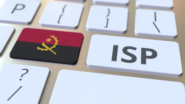 ISP ou Internet Service Provider texto e bandeira de Angola no teclado do computador. Animação 3D relacionada ao serviço nacional de acesso à web — Vídeo de Stock