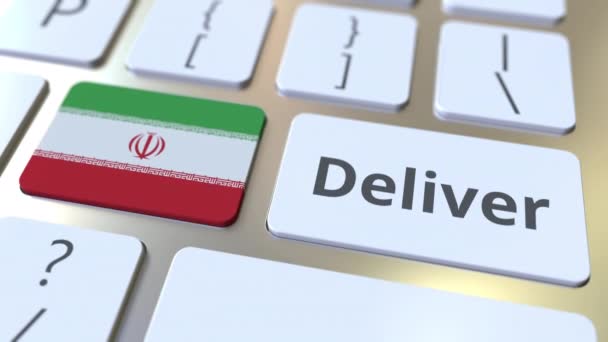 Consegnare testo e bandiera dell'Iran sulla tastiera del computer. Animazione 3D relativa alla logistica — Video Stock