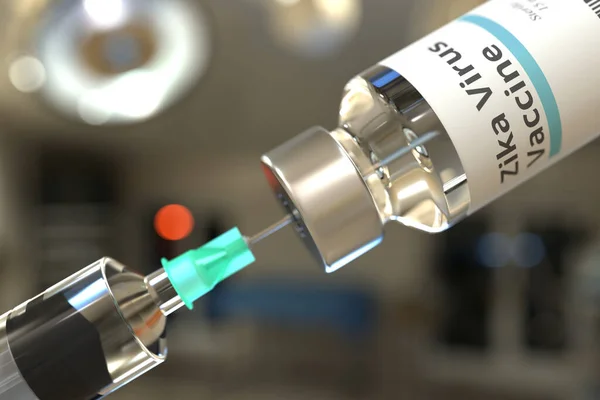 Fläschchen mit Zika-Virus-Impfstoff und Spritzennadel. 3D-Rendering — Stockfoto