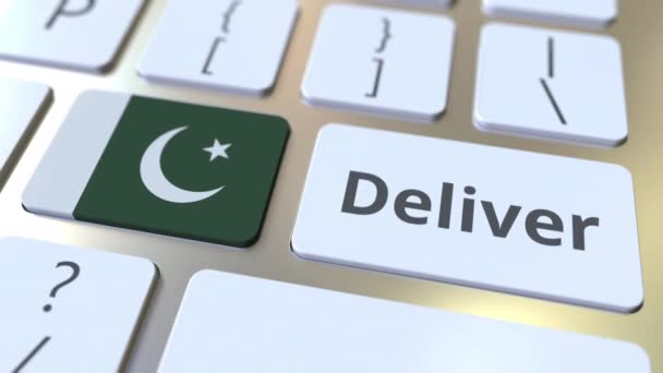 Доставка текста и флага Пакистана на компьютерную клавиатуру. Логистика 3D анимации — стоковое видео