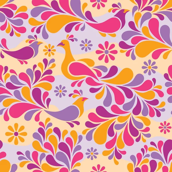 Πουλιά και λουλούδια μοτίβο σε ζεστά χρώματα — Διανυσματικό Αρχείο