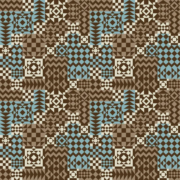 青と茶色の幾何学的なパッチワーク パターン — ストックベクタ