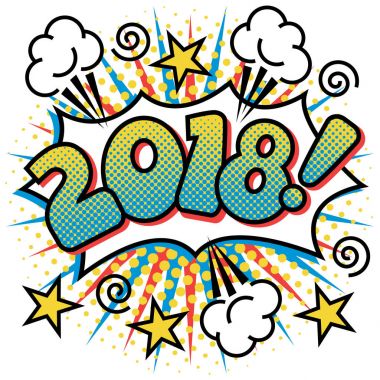 Arka plan patlayan üzerinde 2018 metin tasarım mutlu yeni yıl Pop sanat tarzı çizgi film.