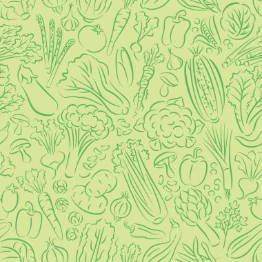 Dikişsiz desen sebze doodle, çizilen fırça kontur stili, yeşil arka plan ver..