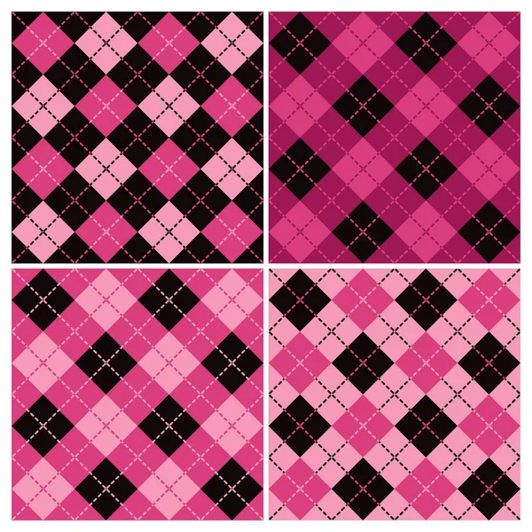Colección Cuatro Patrones Argyle Cuadros Sin Costura Rosa Negro Colores — Vector de stock