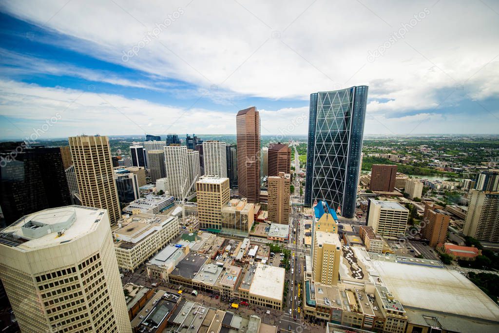 Downtown Calgary Skyline wide angle view with Towers