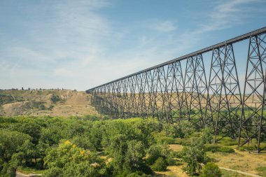 Demiryolu köprüsü ufukta bir nehri geçiyor.