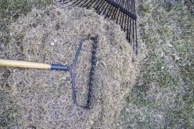 Bahçe tırmığı ve ölü çimen yığını kışın ardından