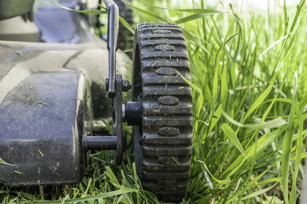 Bahçedeki çim biçme makinesinde çim biçmek için tekerlekler