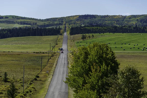 Strada di campagna in estate che attraversa terreni agricoli — Foto Stock