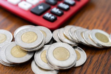 Kırmızı masa hesap makineli Kanada Doları paralar