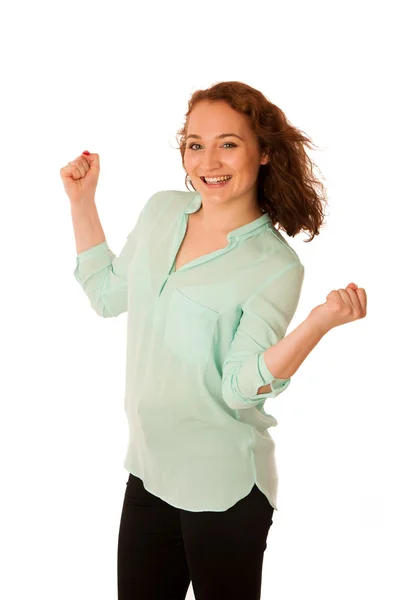 Geschäftsfrau hält als Geste großen Erfolgs die Hände in die Luft — Stockfoto