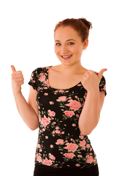Obchodní žena ukazuje palcem jako gesto pro úspěch — Stock fotografie