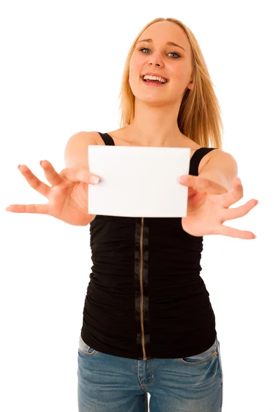 Cute blond woman with blank white banner in her hands smiling is — Stock Photo, Image