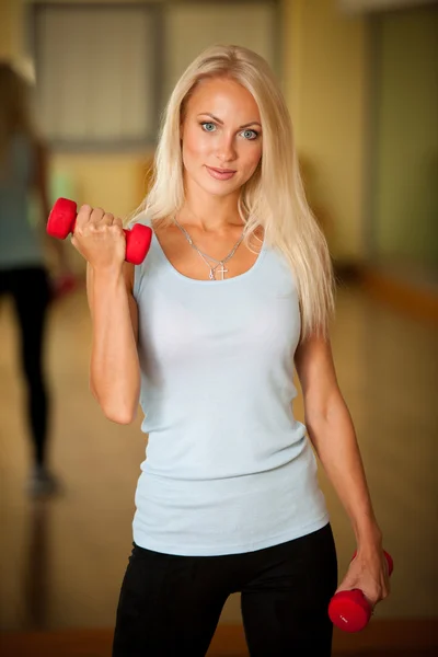 피트 니스 운동-맞춤된 여자 dumbellc 체육관에서 훈련 — 스톡 사진